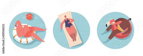 Isolated Round Icons or Avatars with Male and Female Characters Floating on Inflatable Air Mattresses, Enjoying Summer