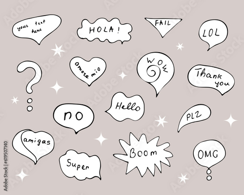 Hand drawn talking balloons with handwritten text. Speech bubble vector doodles. Set of speech and thought communication bubbles.