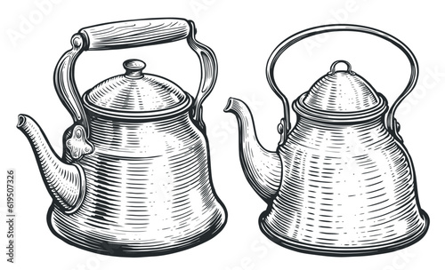 Traditional stainless steel retro teapot with handle. Hand drawn sketch vintage vector illustration