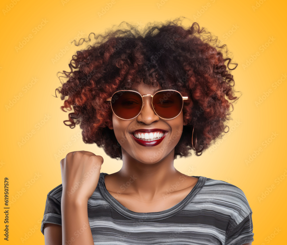 A woman with an afro hairstyle smiling and wearing sunglasses A woman with an afro hairstyle smiling and wearing sunglasses