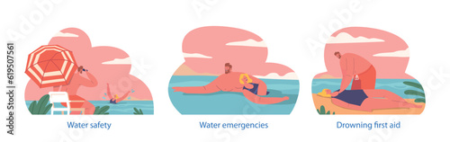 Isolated Elements With Lifeguard Characters On Beach Provide Water Safety, Emergencies, First Aid And Prevent Accidents