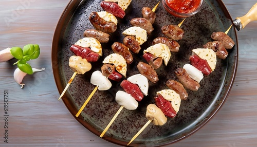 Top view of traditional Brazilian beef, Mozzarella, and chicken-heart kebabs