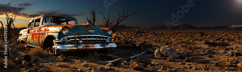 Wreck or old luxury car in the desert panorama with space for text or company logo

