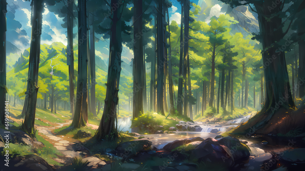 Obraz premium A beautiful rural nature forest. An Illustration in an anime background animation style - Set 2