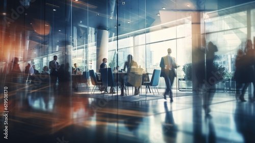 Blurred business people meeting in modern office building conference room, Generative AI photo