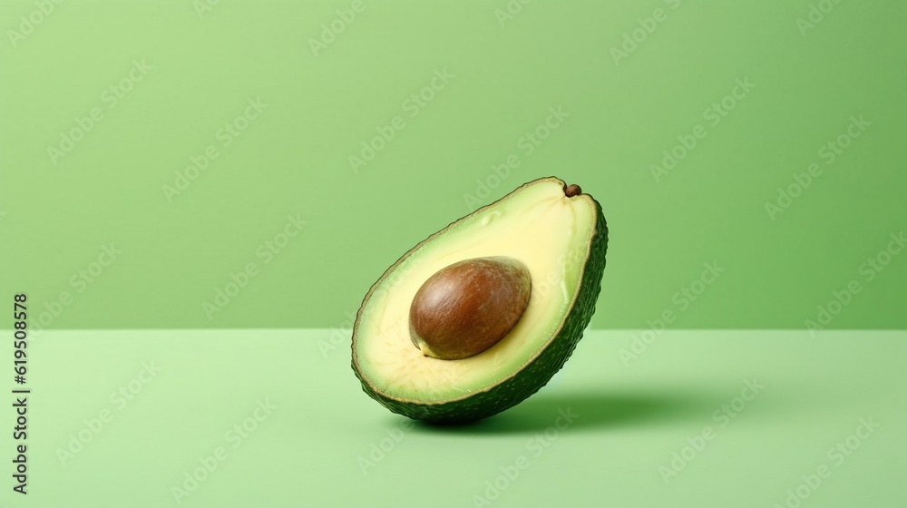 A single avocado on a green background. Created with generative AI.