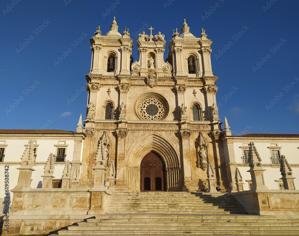 Ancient catholic monastery in Gothic Portuguese style in old town of Alcobaca in Portugal.