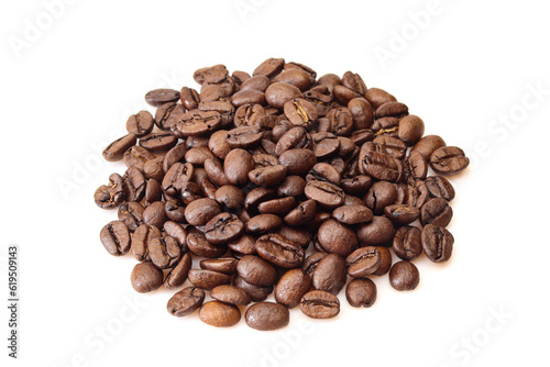 Pile of roasted arabica coffee beans isolated on white background