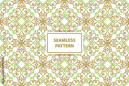 oriental seamless pattern. White, green and gold background with Arabic ornament. Pattern, background and wallpaper for your design. Textile ornament. Vector illustration.