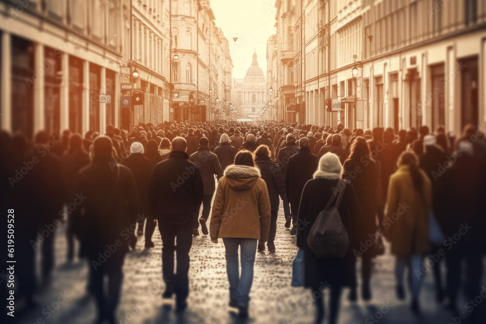 A captivating view of a crowd of people walking through city streets with selective focus, creating a symmetrical chaos. Generative AI.