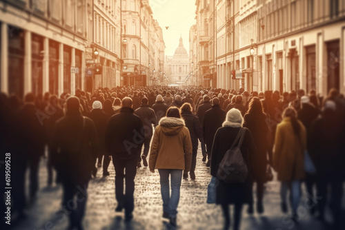 A captivating view of a crowd of people walking through city streets with selective focus, creating a symmetrical chaos. Generative AI.