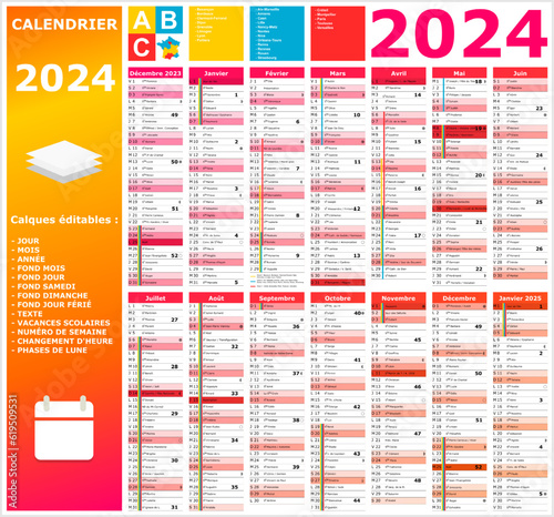 Calendrier 2024 14 mois ntièrement modifiable via calques et texte sans serif