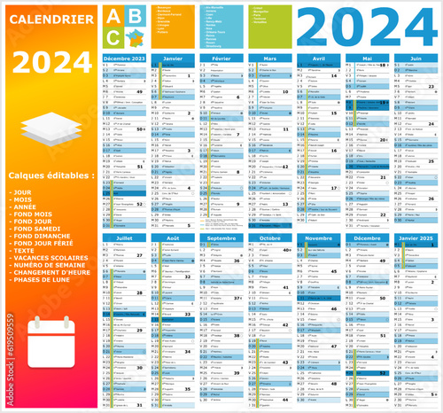 Calendrier 2024 14 mois ntièrement modifiable via calques et texte sans serif