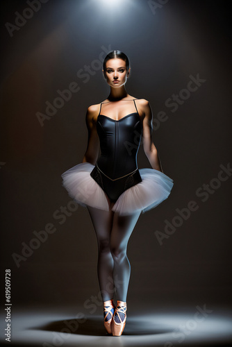 A beautiful young ballerina on top of the stage being illuminated by the spotlights. Generative AI_8. © Ricardo Alves