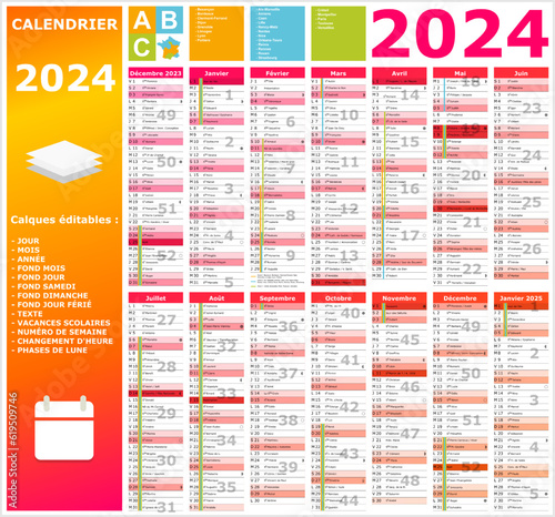 Calendrier 2024 14 mois ntièrement modifiable via calques et texte sans serif