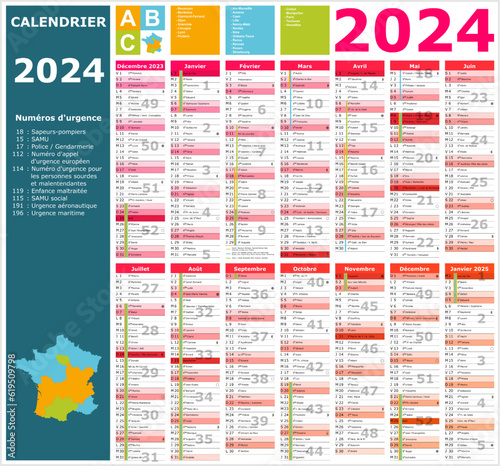 Calendrier 2024 14 mois ntièrement modifiable via calques et texte sans serif