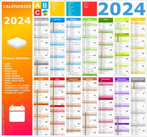 Calendrier 2024 14 mois ntièrement modifiable via calques et texte sans serif