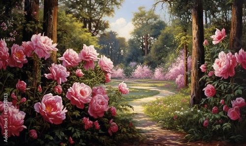Fototapeta Naklejka Na Ścianę i Meble -   a painting of pink roses in a garden with a path.  generative ai