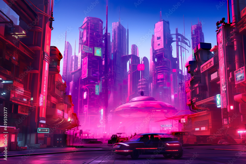 Futuristic smart city background. Alien flying saucer in neon cityscape