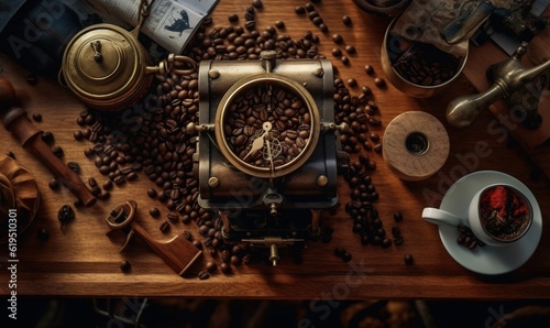  a coffee grinder surrounded by coffee beans and a cup of coffee. generative ai