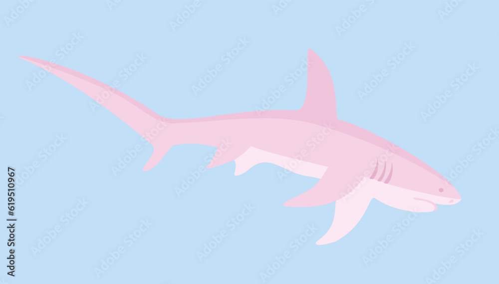 Fox shark. Vector soft pastel illustration. Pink shark on blue background.