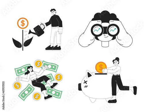 Young investors monochromatic flat vector characters pack. Editable thin line body investing characters on white. Simple bw cartoon spot images set for web graphic design