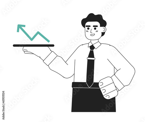 Happy successful man flat line black white vector character. Editable half body investor show profit arrow diagram. Simple cartoon isolated spot illustration for web graphic design