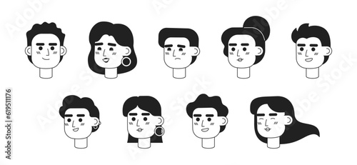 Young investors monochrome flat linear character heads bundle. Happy productive people. Editable outline people icons. Line users faces. 2D cartoon spot vector avatar illustration pack for animation