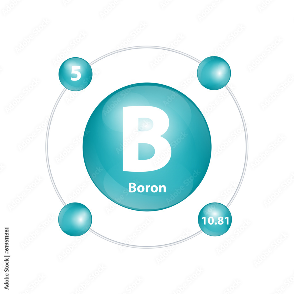 Icon structure Boron (B) chemical element round shape circle dark green with surround ring Number shows of energy levels of electron. Study science for education 3D Illustration vector Icon structure Boron (B) chemical element round shape circle dark green with surround ring Number shows of energy levels of electron. Study science for education 3D Illustration vector