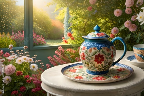 "Illustrate a serene garden scene with a teapot nestled amidst blooming petals."