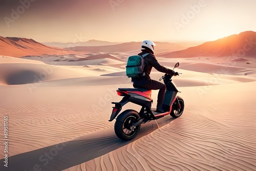 Girl on the motorcycle in the desert generated by AI