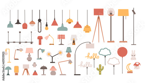 Set of lamp. Vector collection of floor lamp table lamp ceiling lamp. Vector cartoon set.