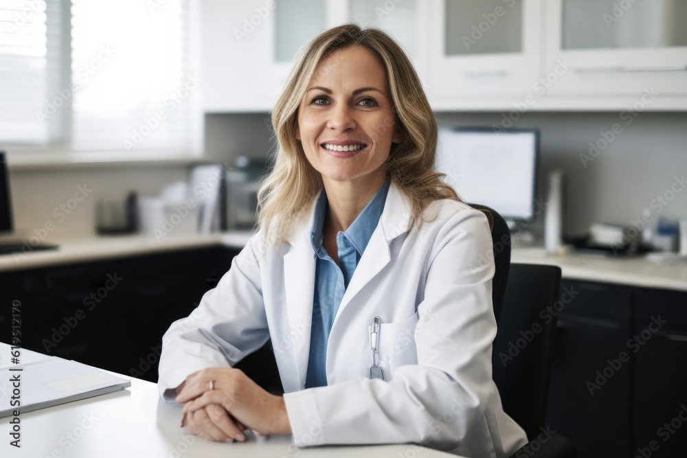 portrait of a friendly middle-aged female doctor posing for the camera sitting at his desk. Generative AI portrait of a friendly middle-aged female doctor posing for the camera sitting at his desk. Generative AI