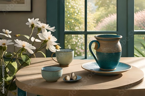 Create a serene scene where a cup of coffee sits beside a vibrant bouquet of flowers, capturing the essence of a tranquil morning.