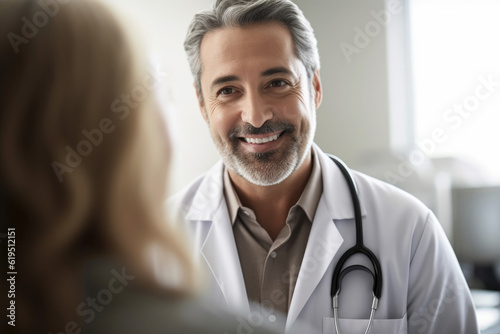 a friendly male doctor in his office listening to a pacient sitting at his desk. Generative AI