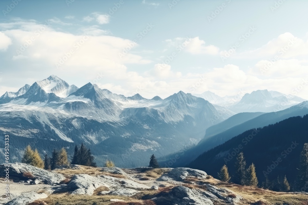 Fototapeta premium ai generated A view of the high peaks covered with snow and fog in the winter landscape.