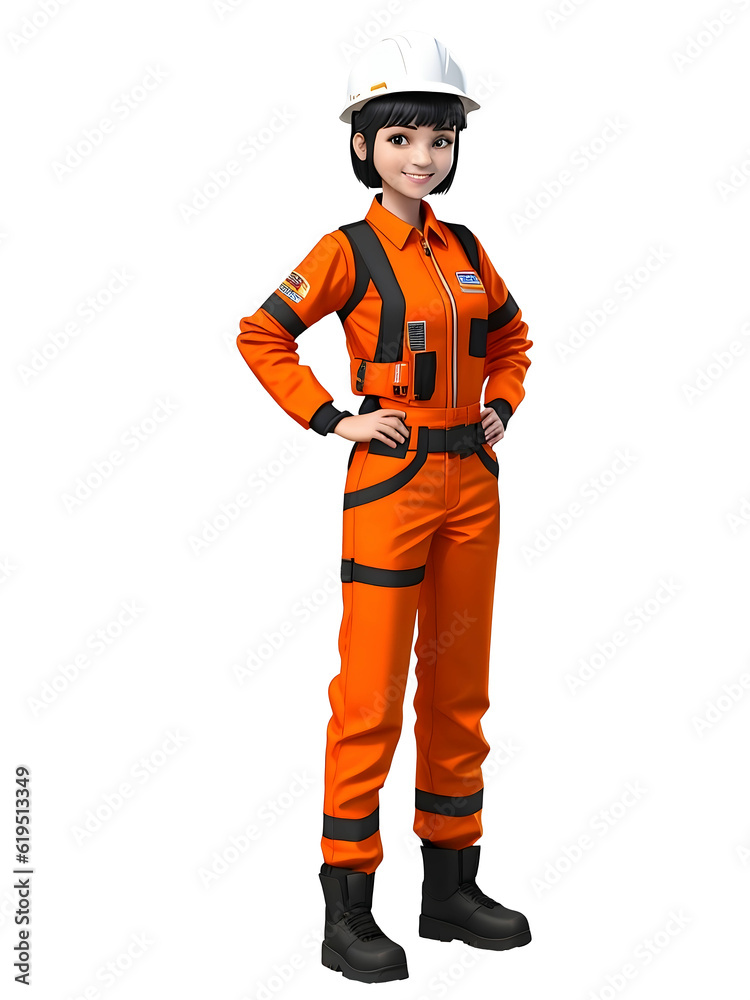 Young female working engineer in helmet and orange overalls. ai generated 