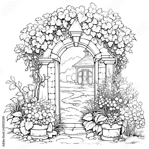 Romantic Secret Garden. Coloring Pages. Coloring Book for adults. Anti-stress colouring page with stone arches, bench, and plant in a pot. Freehand linear style. Vector in black and white.