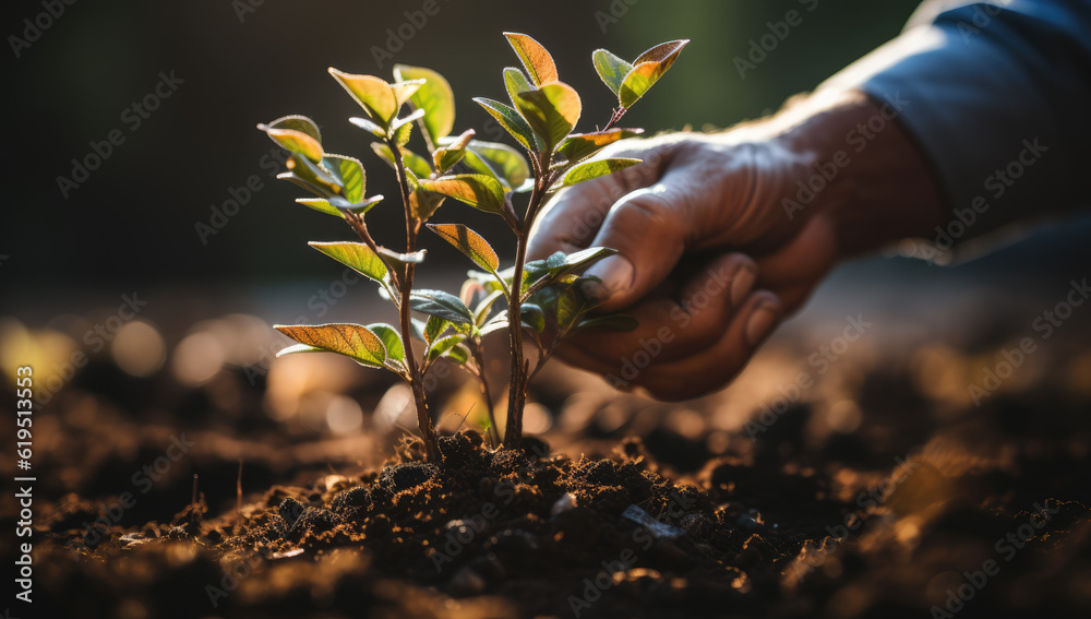 Fototapeta premium Planting the Seeds of Tomorrow: A Man Gently Places a Sapling in the Earth, Demonstrating His Passion for Nature's Care 