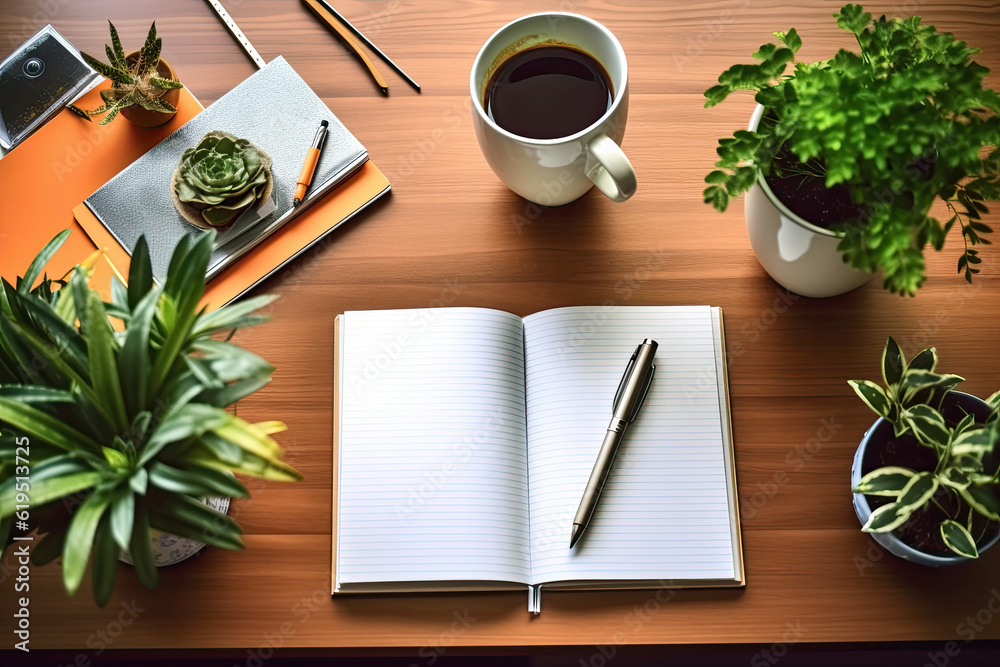 A top view of a well-maintained office desk with essential stationery items such as a pen, pencil, and an open notebook filled with handwritten business notes. Generative AI. A top view of a well-maintained office desk with essential stationery items such as a pen, pencil, and an open notebook filled with handwritten business notes. Generative AI.