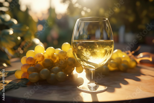 Glass of white wine and bunch of grapes on table in sunlight. Harvesting and viticulture concept. Growing organic grapes for the production of white wine. Harvesting grapes photo