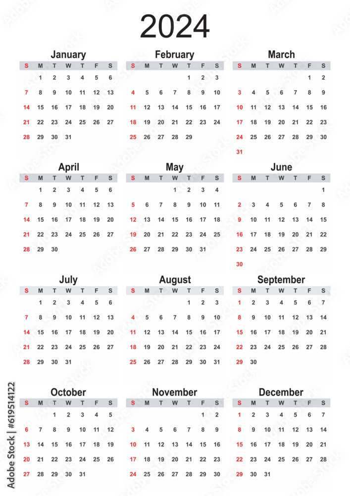 Calendar 2024 Year mockup. Annual Vertical template. First day Sunday. Classic simple minimal design. Black numbers on white background, red Sundays. English language. EPS10. Calendar 2024 Year mockup. Annual Vertical template. First day Sunday. Classic simple minimal design. Black numbers on white background, red Sundays. English language. EPS10.