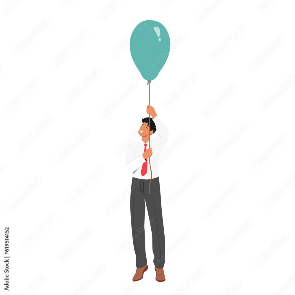 Adventurous Businessman Character Soaring Above The Clouds On A Colorful Balloon, Defying Gravity, Vector Illustration Adventurous Businessman Character Soaring Above The Clouds On A Colorful Balloon, Defying Gravity, Vector Illustration