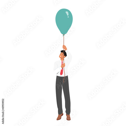 Adventurous Businessman Character Soaring Above The Clouds On A Colorful Balloon, Defying Gravity, Vector Illustration
