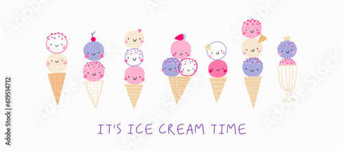 Cute cartoon ice cream character in dooodle style. Vector illustration