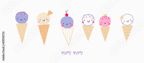 Cute cartoon ice cream character in dooodle style. Vector illustration