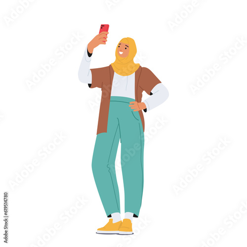 Modern Muslim Woman Character Confidently Captures A Selfie, Expressing Her Individuality, Vector Illustration