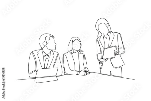 Single one line drawing working together, discussing business. Meeting of colleagues. Coworking, teamwork concept. Continuous line draw design graphic vector illustration.
