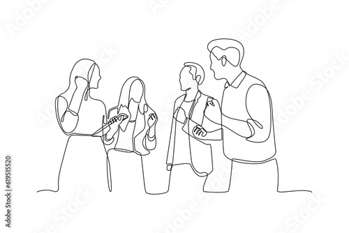 Single one line drawing working together, discussing business. Meeting of colleagues. Coworking, teamwork concept. Continuous line draw design graphic vector illustration.