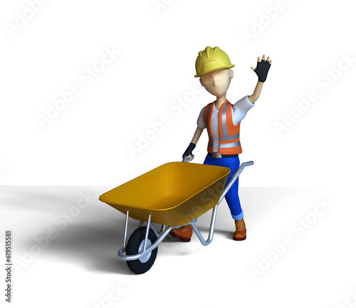 3D Rendered Construction Worker with Wheelbarrow Waving Hand Pose on Transparent Background